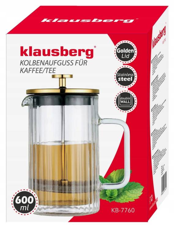 Zaparzacz do kawy herbaty szklany 1litr French Press złoty KLAUSBERG KB7760
