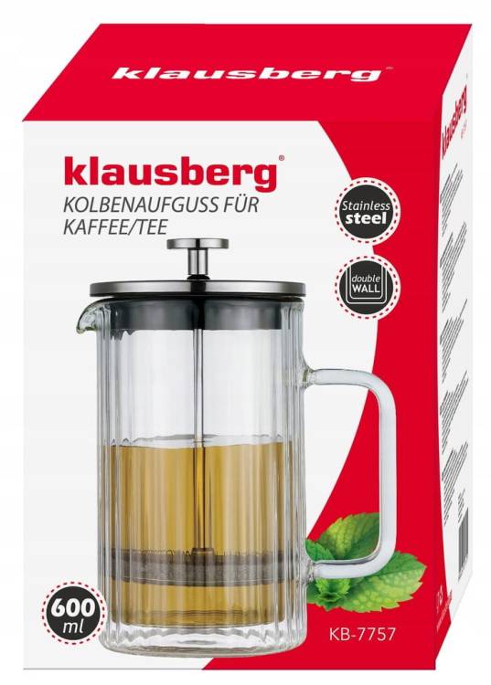 Zaparzacz do kawy herbaty szklany 0,6 L French Press Srebrny KLAUSBERG 7757