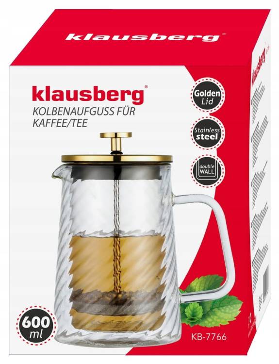 Złoty Zaparzacz do kawy herbaty szklany 0,6 Lit French Press KLAUSBERG 7766