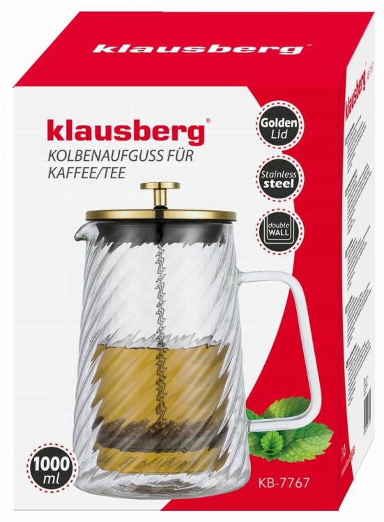 Złoty Zaparzacz do kawy herbaty szklany 1 Lit French Press KLAUSBERG 7767