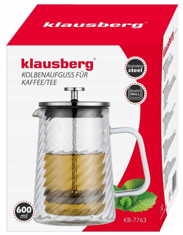 Srebrny Zaparzacz do kawy herbaty szklany 0,6 L French Press KLAUSBERG 7763