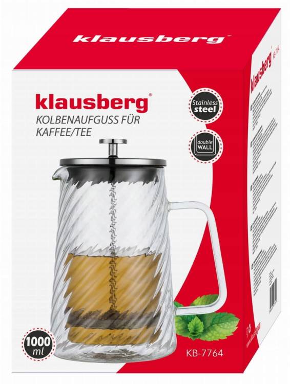 Srebrny Zaparzacz do kawy herbaty szklany 1 Lit French Press KLAUSBERG 7764