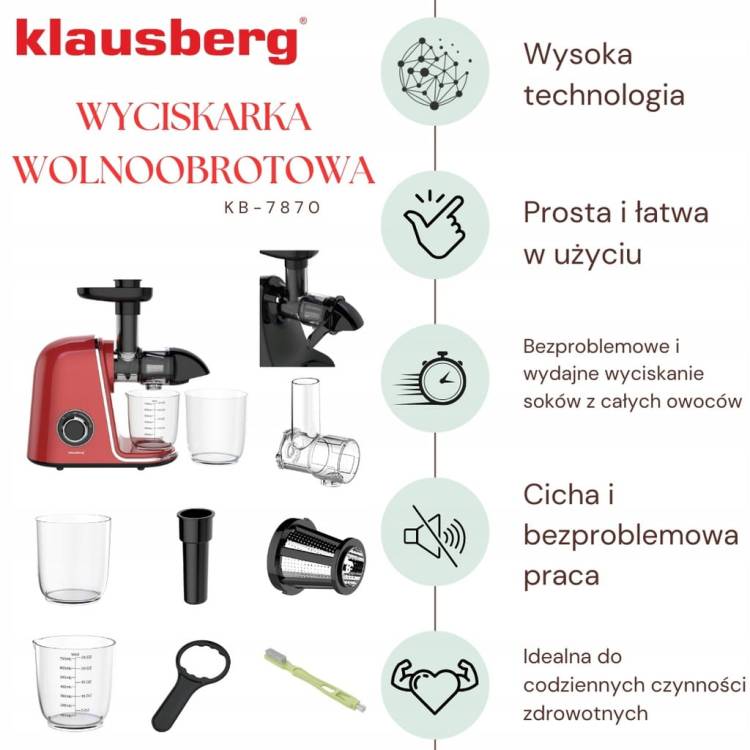 Sokowirówka Wolnoobrotowa 150W Sok warzyw owoców COLD PRESS KLAUSBERG 7870