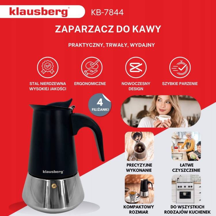 Kawiarka Klausberg KB-7844 stalowa do indukcji Gaz espresso 4 filiżanki