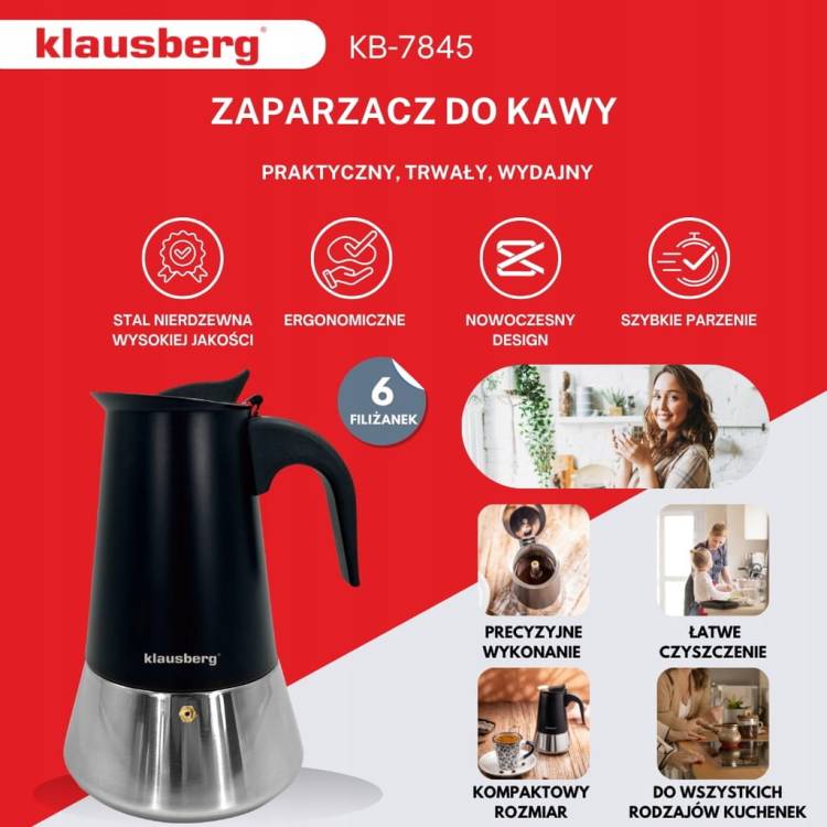 Kawiarka Klausberg KB7845 stalowa do indukcji Gaz espresso 6 filiżanek Kawy