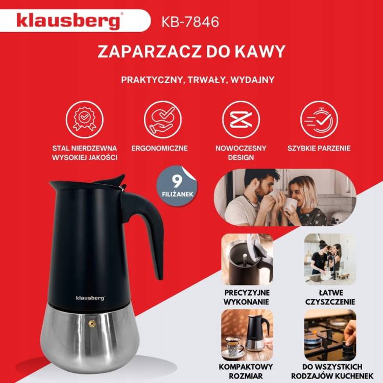 Kawiarka Klausberg KB7846 stalowa do indukcji Gaz espresso 9 filiżanek Kawy