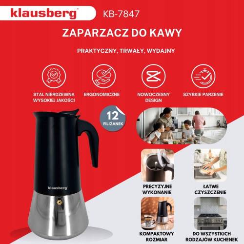 Kawiarka Klausberg KB-7847 stalowa indukcja Gaz espresso 12 filiżanek Kawy
