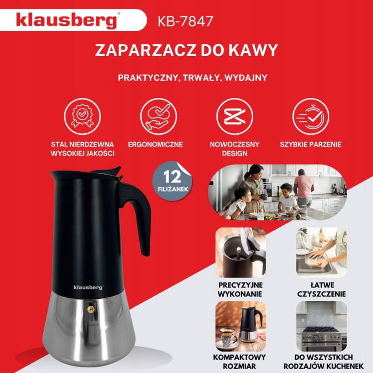 Kawiarka Klausberg KB-7847 stalowa indukcja Gaz espresso 12 filiżanek Kawy