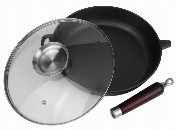 PATELNIA ŻELIWNA 28 cm Ciężka z Pokrywą Odkręcana Rączka INDUKCJA GAZ