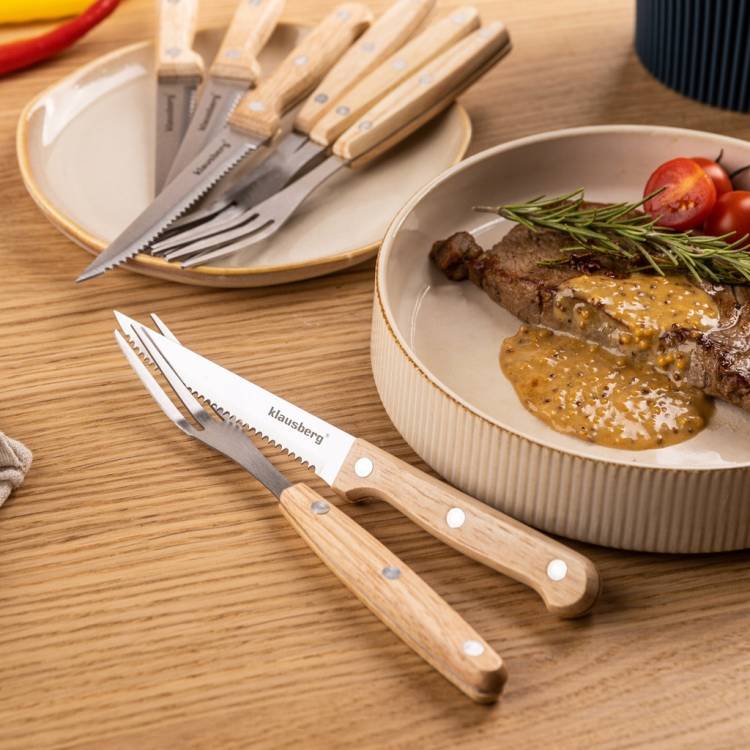 KLAUSBERG Zestaw do steków i BBQ 8 el Noże + widelce z drewnianą rękojeścią