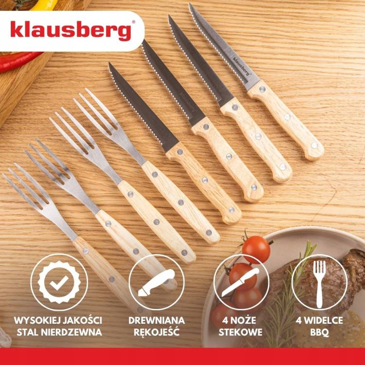 KLAUSBERG Zestaw do steków i BBQ 8 el Noże + widelce z drewnianą rękojeścią