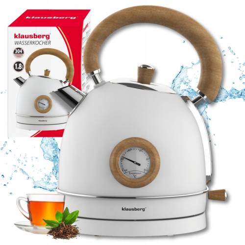 Czajnik elektryczny 1.8L stal 304 RETRO Klausberg KB-9007 Biały + Drewno