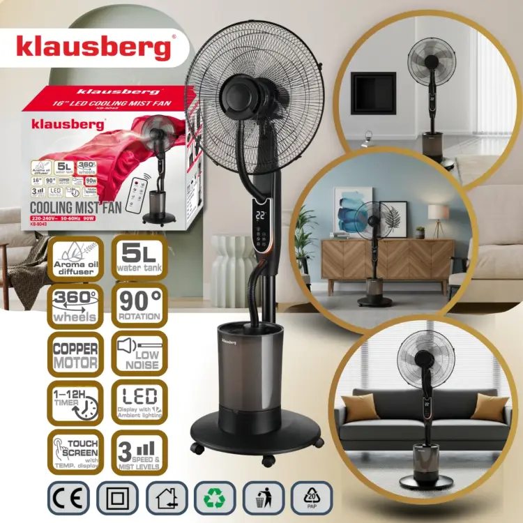 Wentylator mgiełkowy z Nawilżaczem KLAUSBERG KB-9034 16" LED 5L pilot timer