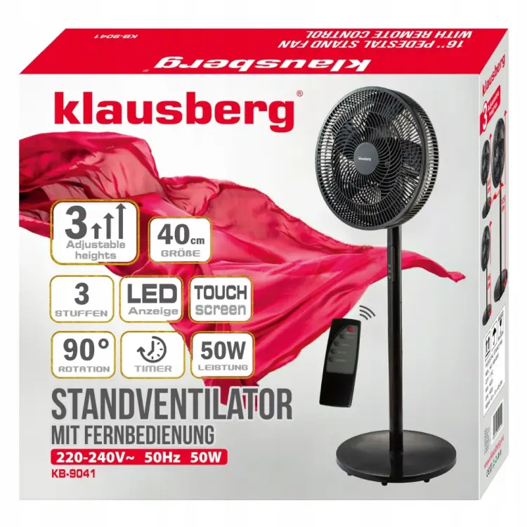 Wentylator Podłogowy stojący KLAUSBERG KB9041 z PILOTEM 40 cm LED 50W Timer