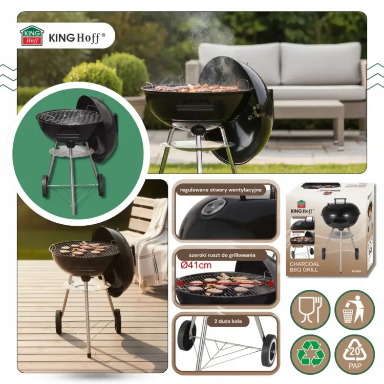 Grill węglowy ogrodowy KINGHOFF KH-2033 z Pokrywą 41 cm na Kółkach Ruszt