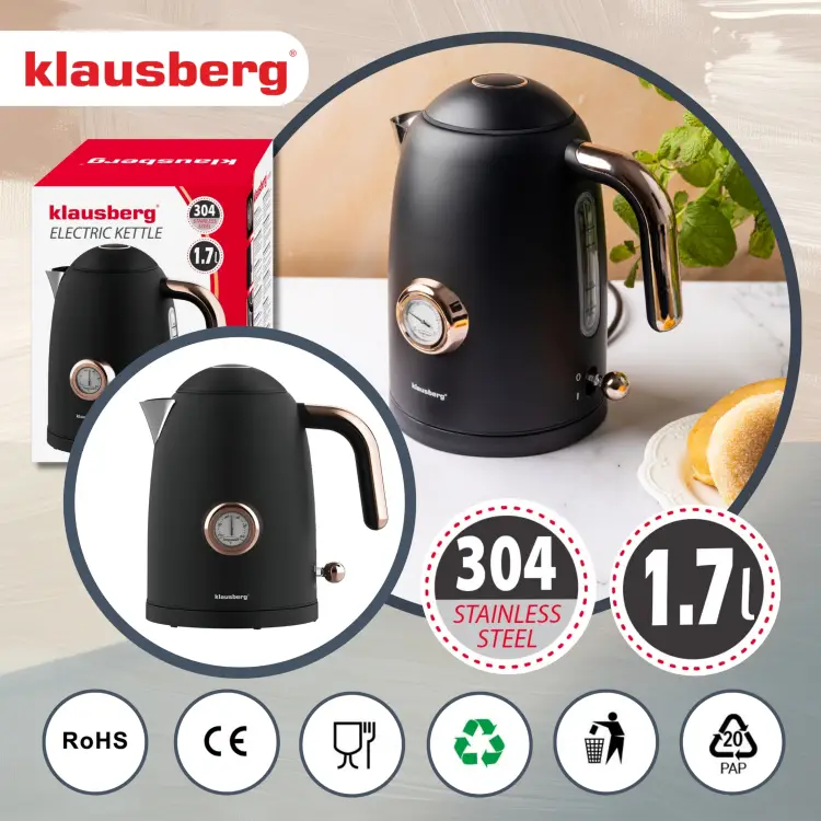 Czajnik elektryczny Bezprzewodowy Klausberg 1.7L stal 304 retro Termometr