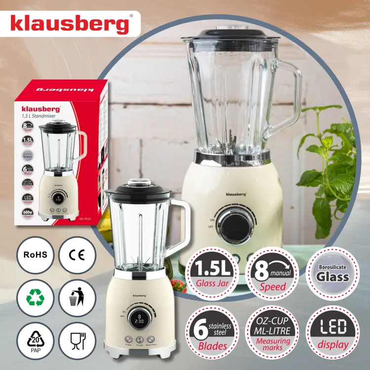Blender kielichowy 1,5L 600W LED Smoothie Mikser Kruszy Lód KLAUSBERG
