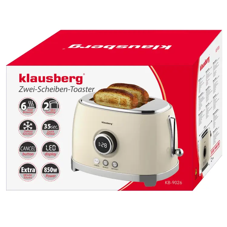 Toster na 2 kromki LED 850W rozmrażanie Opiekacz Tosty KLAUSBERG KB-9026