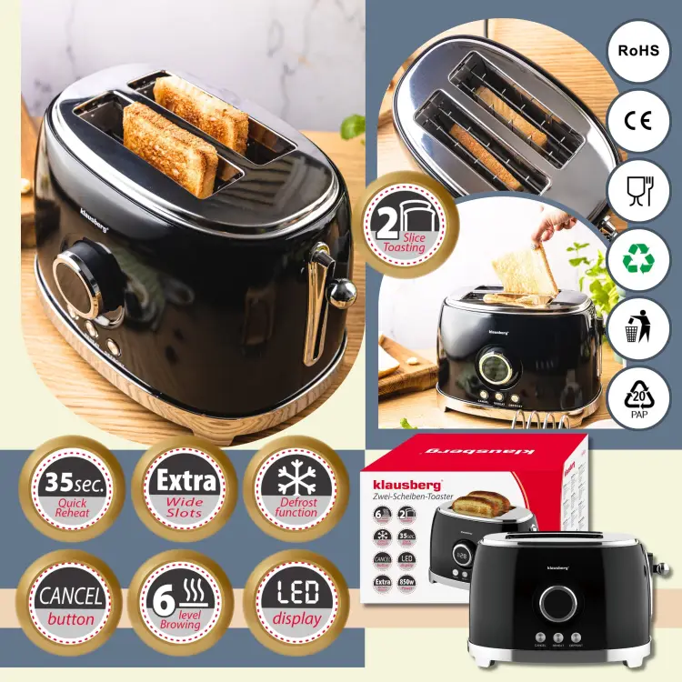 Toster na 2 kromki KLAUSBERG KB-9025 LED 850W rozmrażanie Opiekacz Tosty
