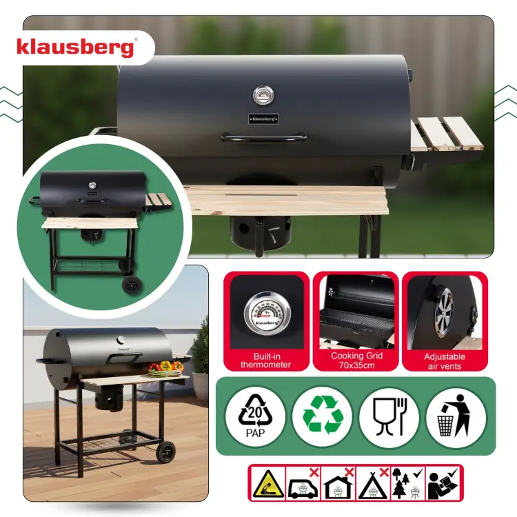 Duży Grill ogrodowy węglowy KLAUSBERG KB-9033 + pokrywa + półki + Popielnik