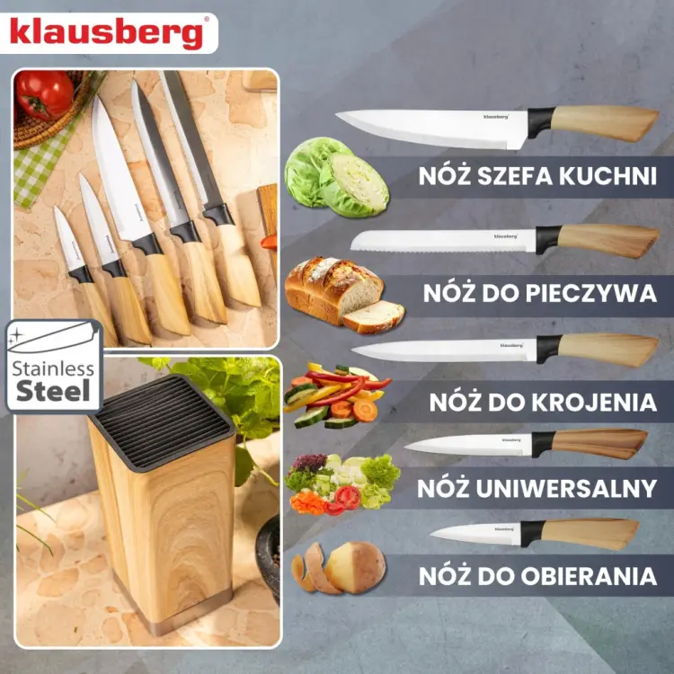ZESTAW NOŻY KUCHENNYCH KLAUSBERG KB-9035 6 EL. W BLOKU Stojak na noże