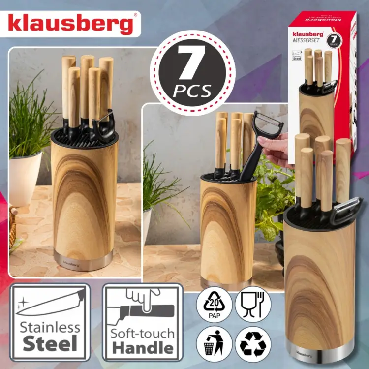 ZESTAW NOŻY KUCHENNYCH KLAUSBERG KB-9036 7 EL. Z OBIERACZKĄ W BLOKU Stojak
