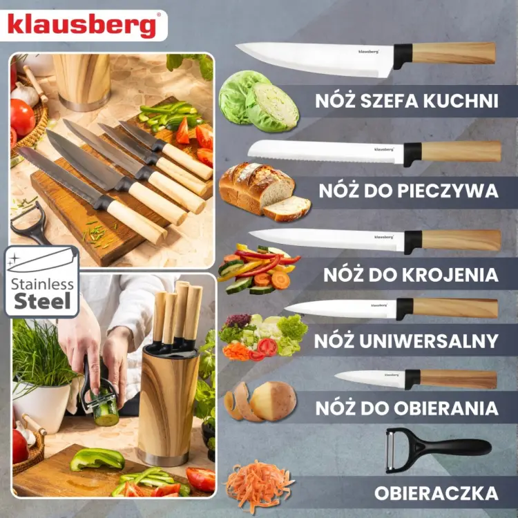 ZESTAW NOŻY KUCHENNYCH KLAUSBERG KB-9036 7 EL. Z OBIERACZKĄ W BLOKU Stojak