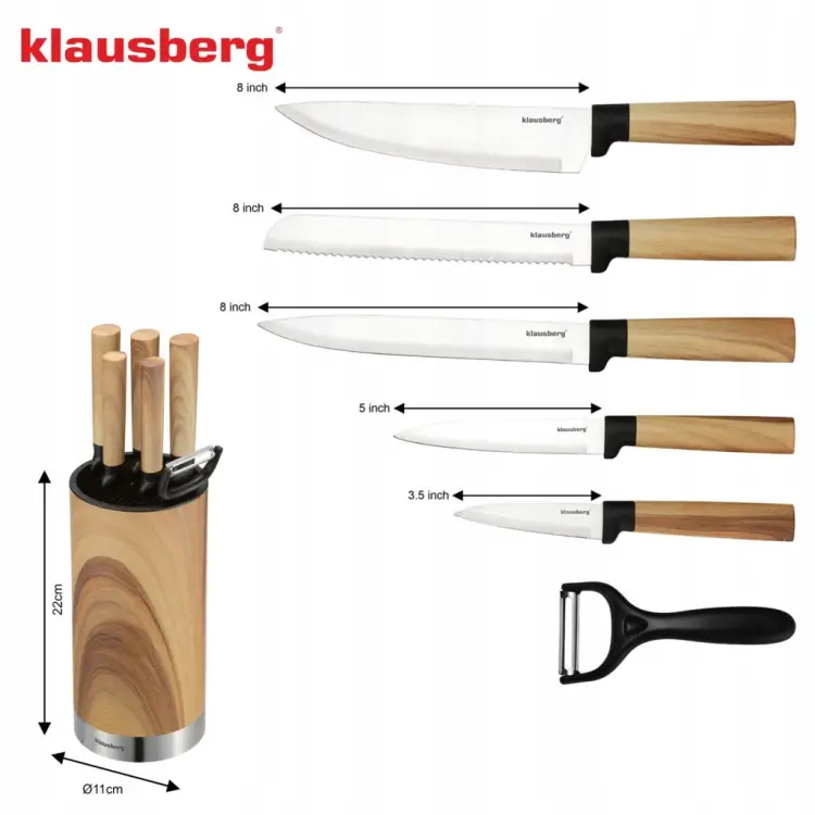 ZESTAW NOŻY KUCHENNYCH KLAUSBERG KB-9036 7 EL. Z OBIERACZKĄ W BLOKU Stojak