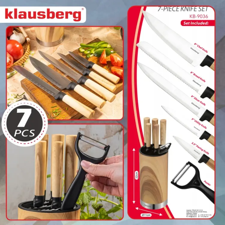 ZESTAW NOŻY KUCHENNYCH KLAUSBERG KB-9036 7 EL. Z OBIERACZKĄ W BLOKU Stojak