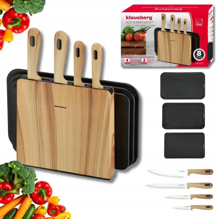 Zestaw 8el Noży Klausberg KB-9037 4 Noże 3 Deski Stojak Kitchen Set Komplet