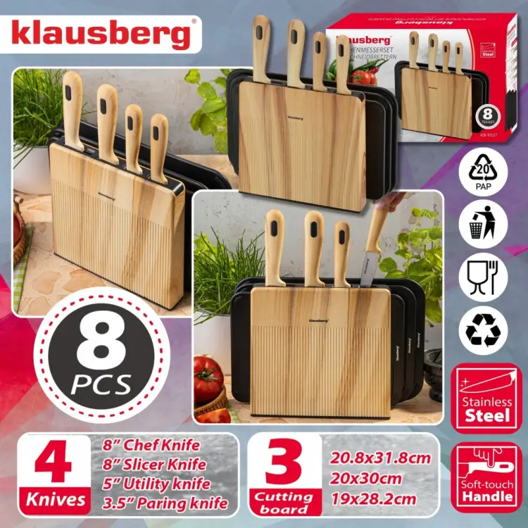 Zestaw 8el Noży Klausberg KB-9037 4 Noże 3 Deski Stojak Kitchen Set Komplet