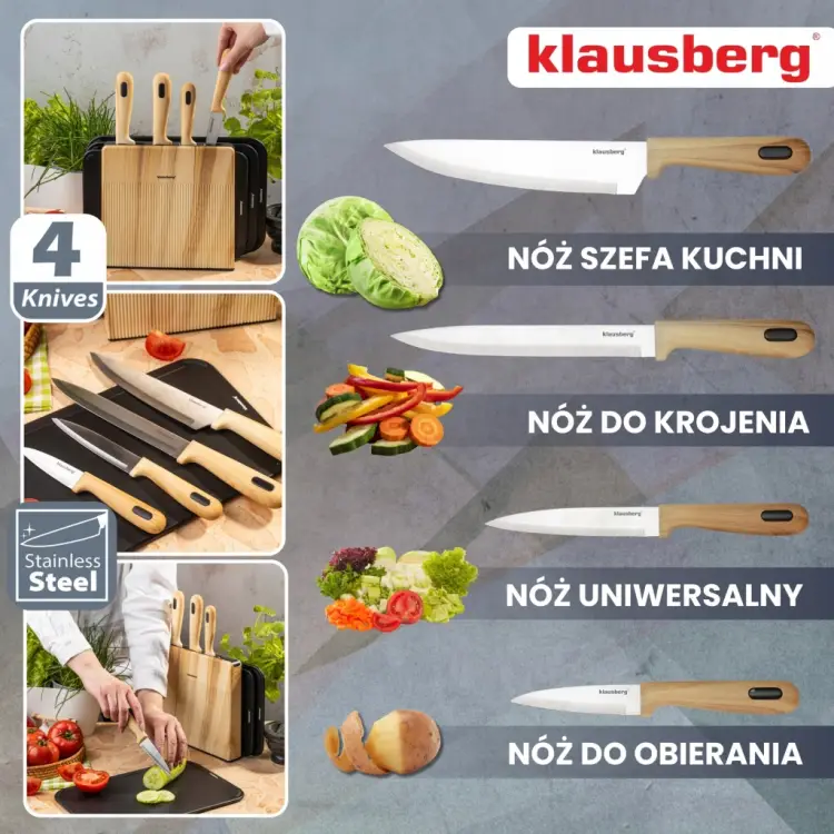 Zestaw 8el Noży Klausberg KB-9037 4 Noże 3 Deski Stojak Kitchen Set Komplet