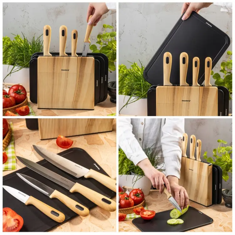 Zestaw 8el Noży Klausberg KB-9037 4 Noże 3 Deski Stojak Kitchen Set Komplet