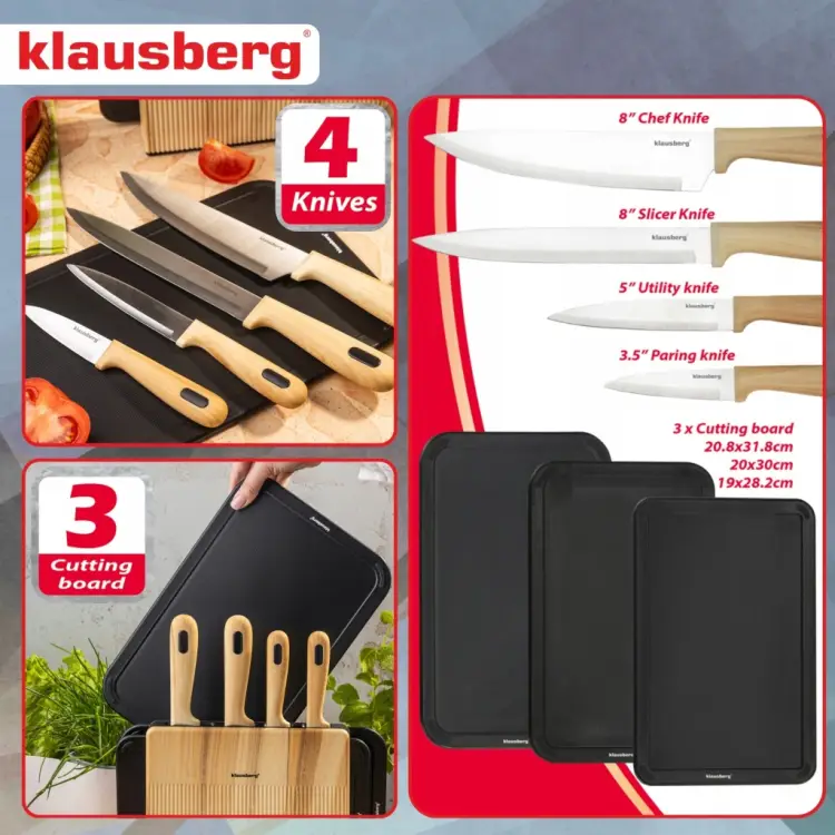 Zestaw 8el Noży Klausberg KB-9037 4 Noże 3 Deski Stojak Kitchen Set Komplet