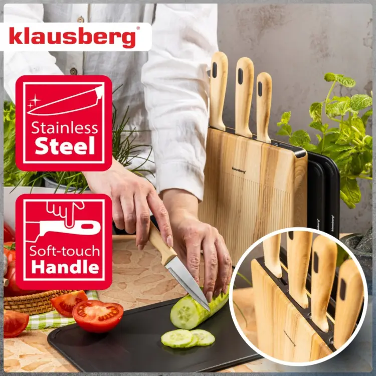 Zestaw 8el Noży Klausberg KB-9037 4 Noże 3 Deski Stojak Kitchen Set Komplet