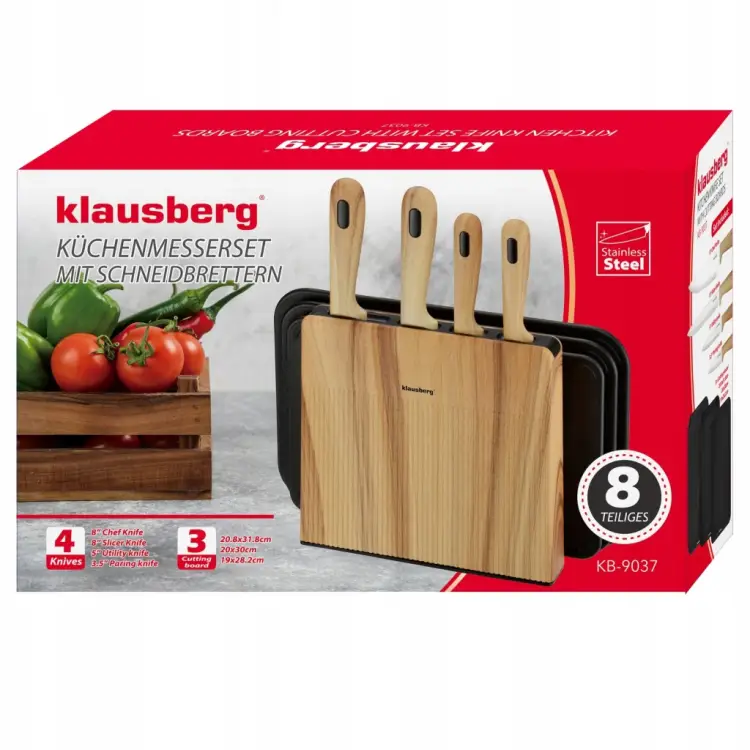 Zestaw 8el Noży Klausberg KB-9037 4 Noże 3 Deski Stojak Kitchen Set Komplet