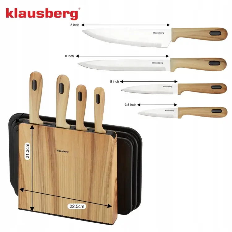 Zestaw 8el Noży Klausberg KB-9037 4 Noże 3 Deski Stojak Kitchen Set Komplet