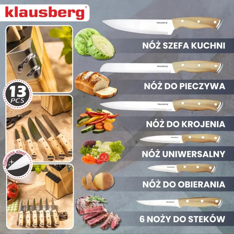 Noże Kuchenne 13el stojak z ostrzałką + 6 noży stekowych Nożyczki KLAUSBERG