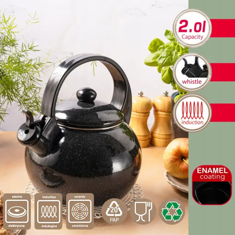 Czajnik Emaliowany KINGHOFF 2L Indukcja Gaz Gwizdek Czarny KH-2039