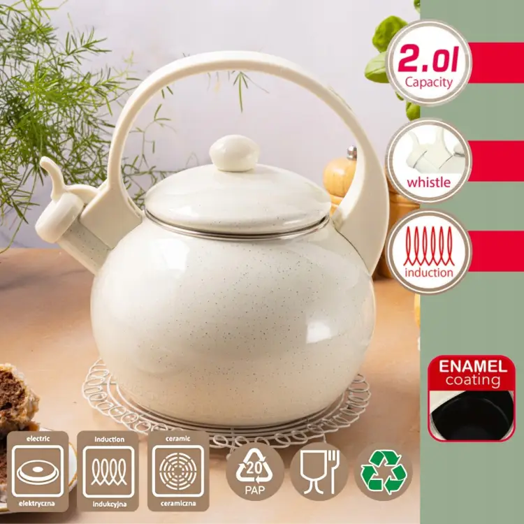 Czajnik Emaliowany KINGHOFF 2L Indukcja Gaz Gwizdek Kremowy KH-2040