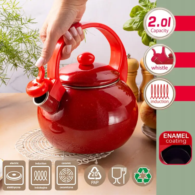 Czajnik Emaliowany KINGHoff KH-2080 2L Gwizdek Indukcja Gaz Czerwony