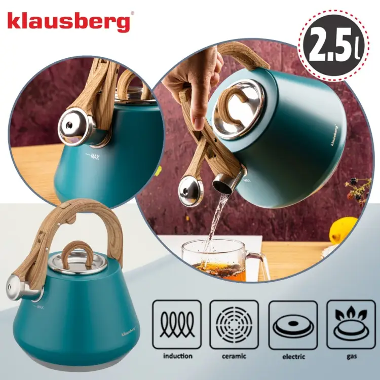 CZAJNIK KLAUSBERG 2,5L z GWIZDKIEM INDUKCJA GAZ TURKUS KB-9063