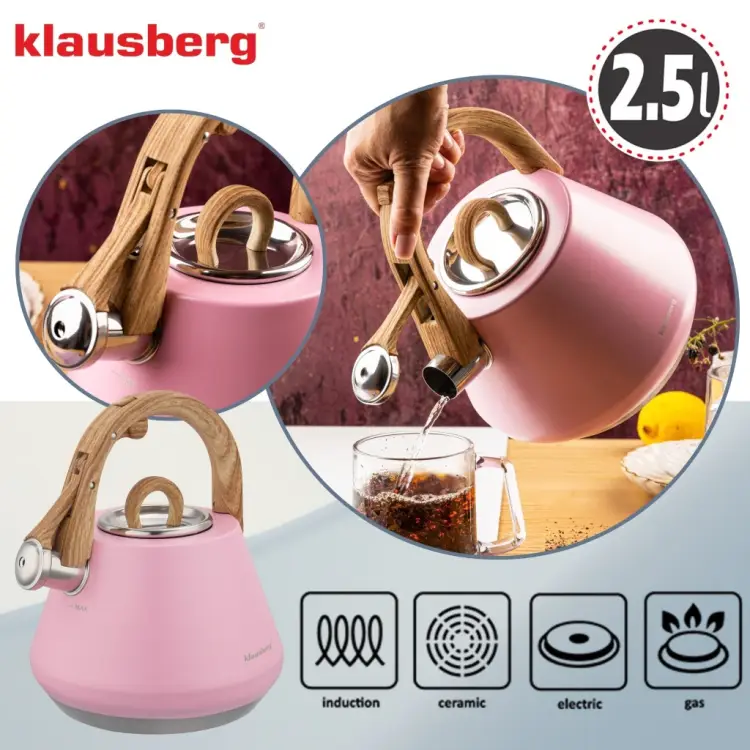Czajnik z Gwizdkiem 2,5L Indukcja Gaz Różowy KLAUSBERG KB-9064
