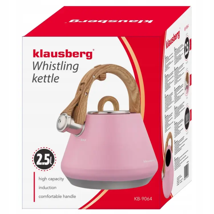 Czajnik z Gwizdkiem 2,5L Indukcja Gaz Różowy KLAUSBERG KB-9064