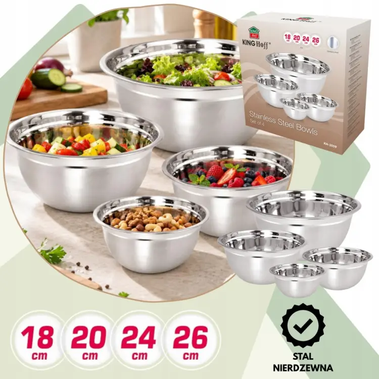 ZESTAW 4 MISEK STALOWYCH NIERDZEWNYCH KUCHENNYCH 18 20 24 26 KINGHOFF Miski