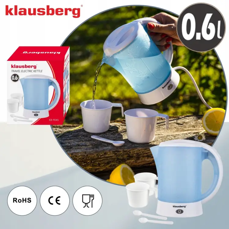 CZAJNIK ELEKTRYCZNY TURYSTYCZNY 0,6L KLAUSBERG KB-9045 + 2 KUBKI ŁYŻECZKI
