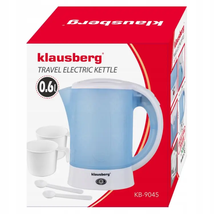 CZAJNIK ELEKTRYCZNY TURYSTYCZNY 0,6L KLAUSBERG KB-9045 + 2 KUBKI ŁYŻECZKI