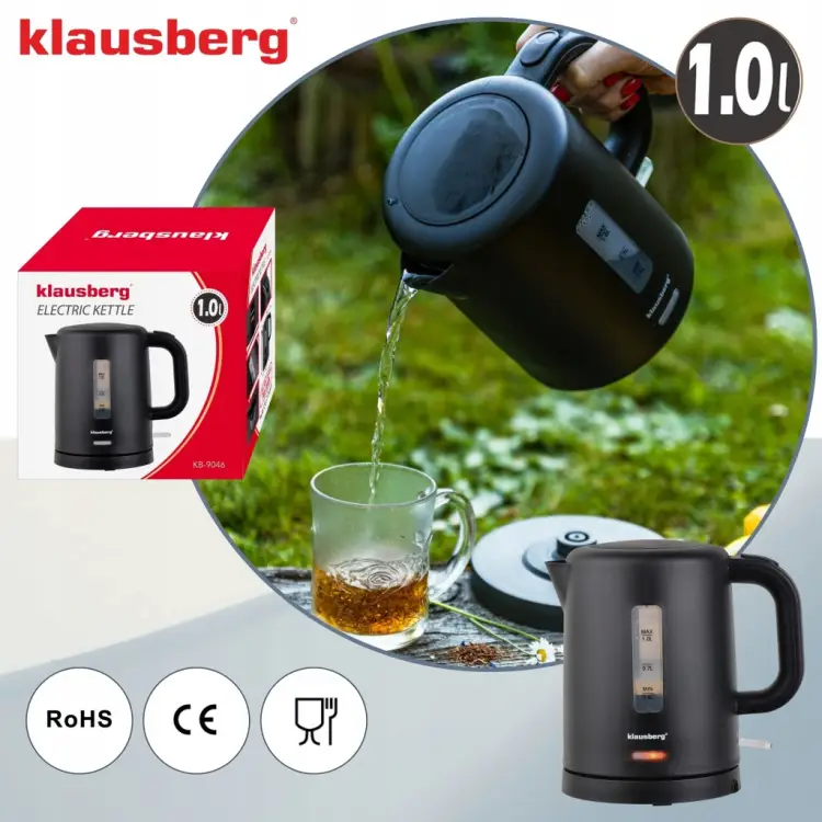 CZAJNIK ELEKTRYCZNY KLAUSBERG KB-9046 1L 1100W BEZPRZEWODOWY CZARNY