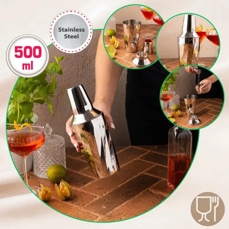 SHAKER BARMAŃSKI DO DRINKÓW KOKTAJLI STALOWY Z SITKIEM KINGHOFF 500ML