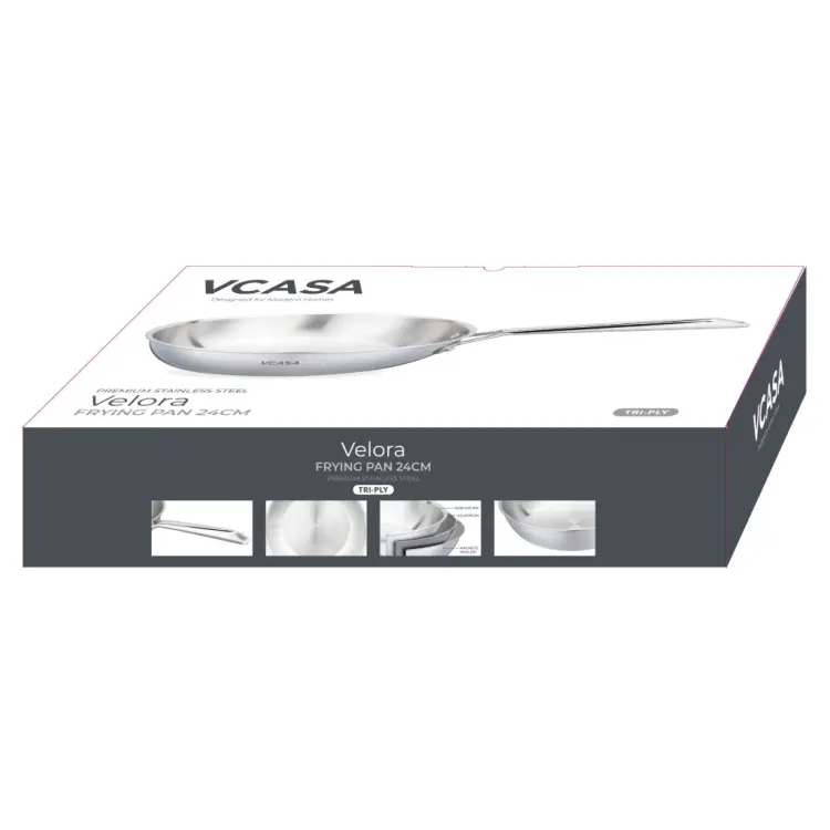PATELNIA STALOWA VCASA VELORA 24 CM TRI-PLY STAL 304 INDUKCJA PLASTER MIODU